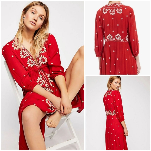 Free People Red White Embroidery Bohemian Boho Midi Oversized XS - Picture 1 of 16